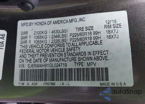 2016 Honda Cr-V Touring z USA, uszkodzony, nr VIN 5J6RM4H91GL024719
